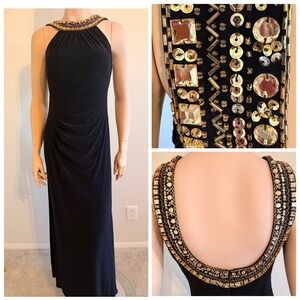 Xscape Black Beaded Halter Neck Ruched Maxi Evening Gown Dress Womens Size 6